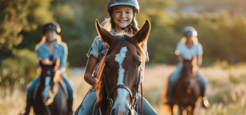 three horses with riders on path