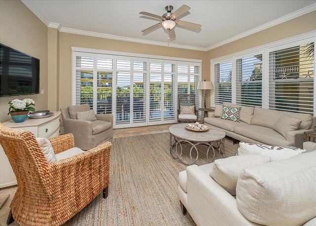 View of the living area with beige decor